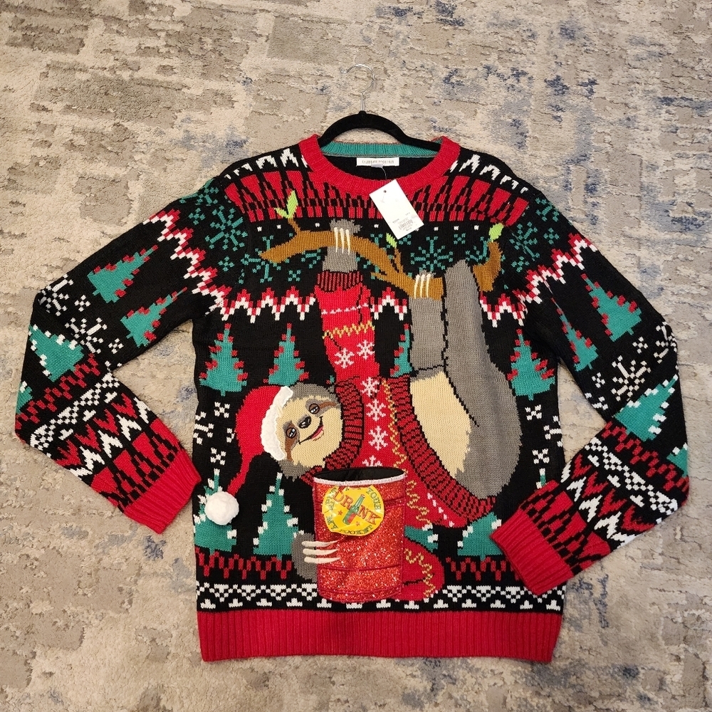 NWT Drink Pocket Sloth Christmas Sweater Size Medium Holiday Party Embroidered